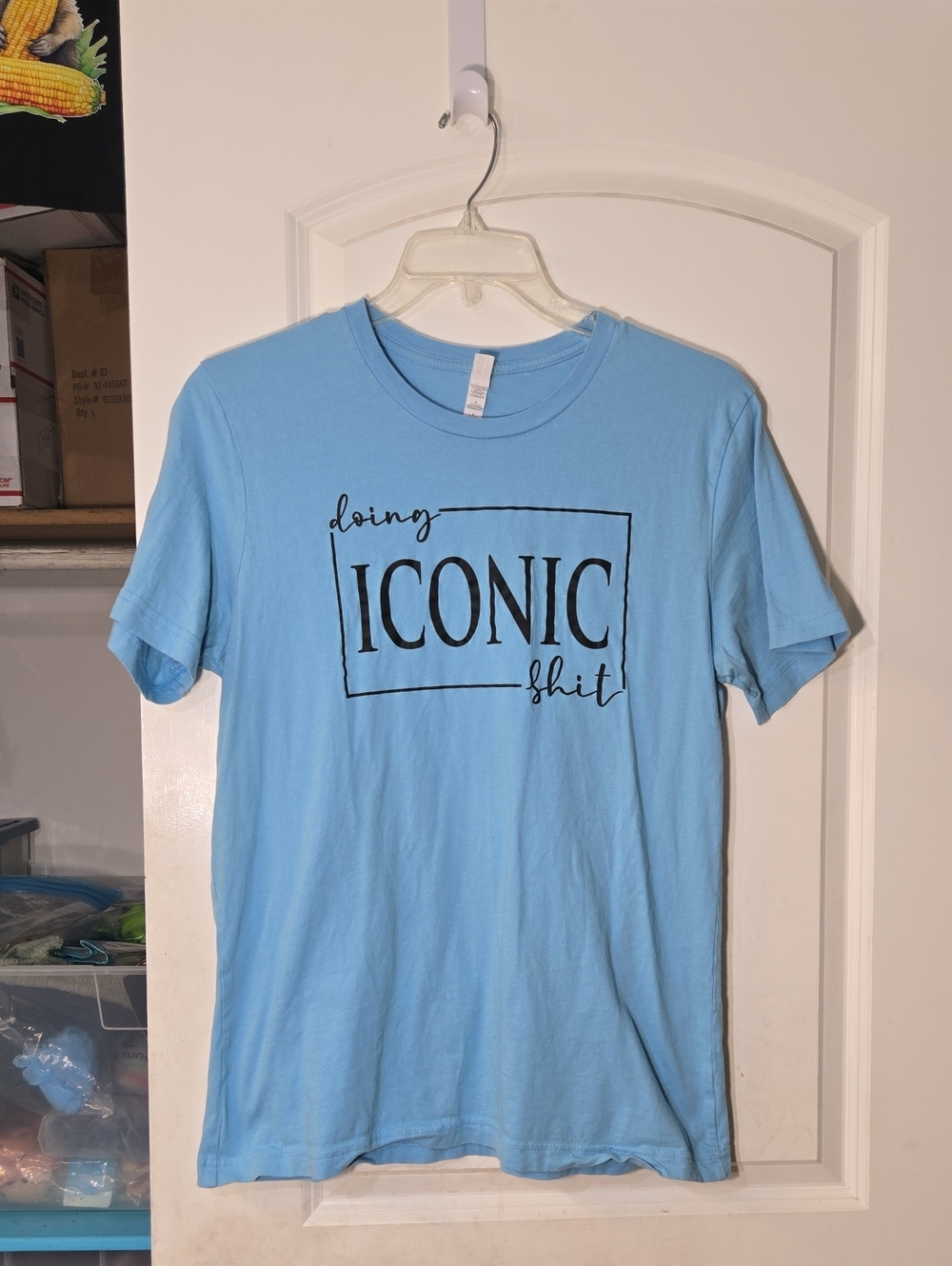 Hand Crafted "Doing Iconic Shit" Medium Graphic Tee Shirt Sky Blue Black Unisex